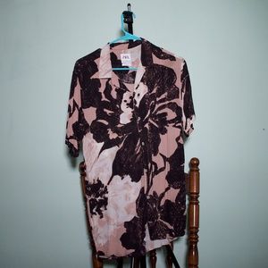 Zara pink/black flower button up shirt M